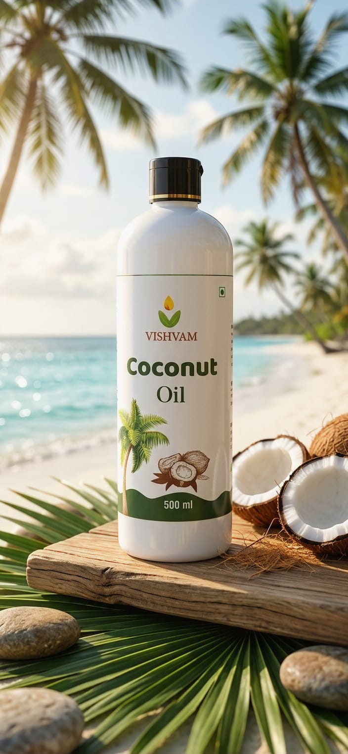 VISHVAM Coconut Oil on tropical beach