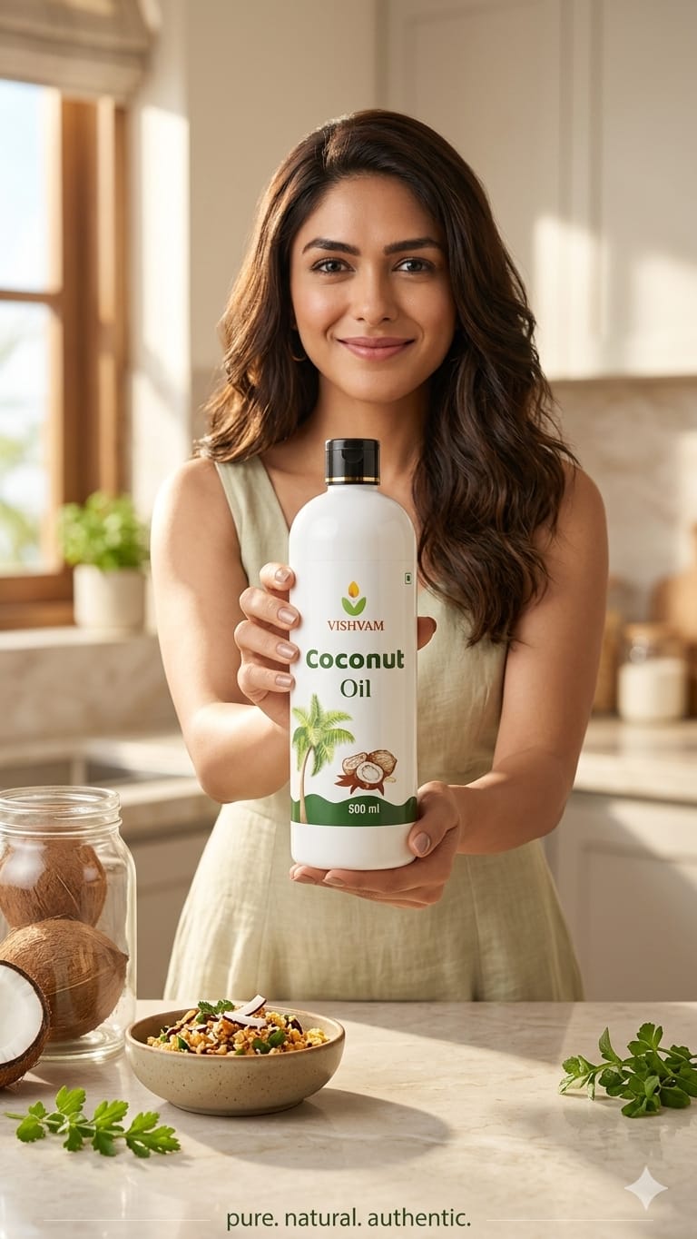 Woman holding VISHVAM Coconut Oil — pure. natural. authentic.